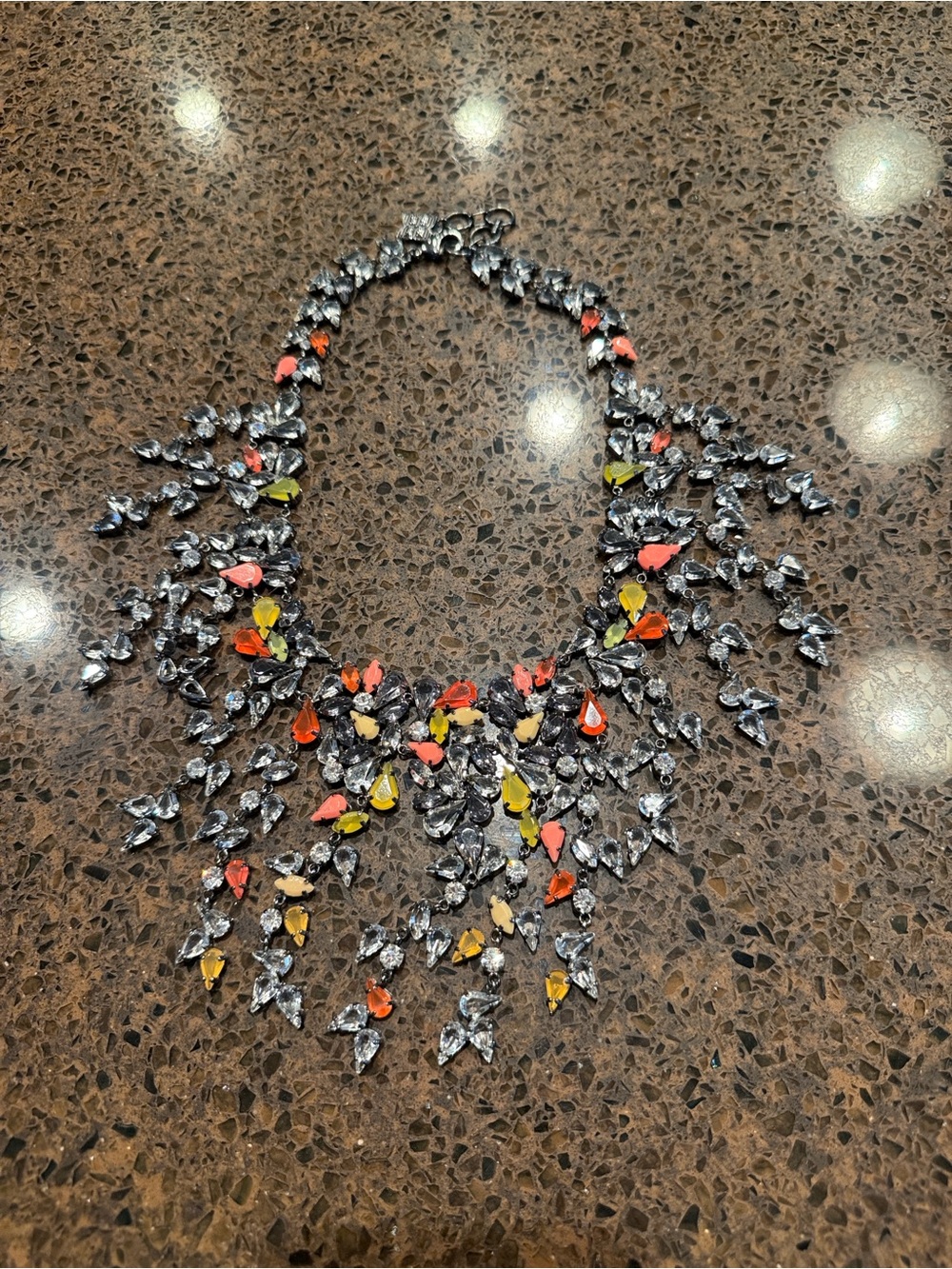 BCBGMaxAzria Multicolor Crystal Fringe Necklace in Silver Tone